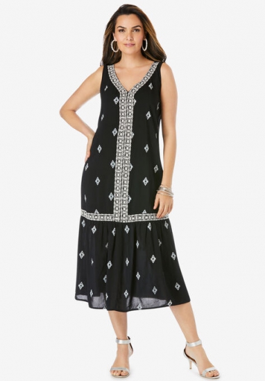 Embroidered Sleeveless Midi Dress - Roaman's - Click Image to Close