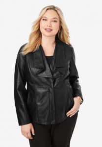 Drape-Front Leather Jacket - Jessica London