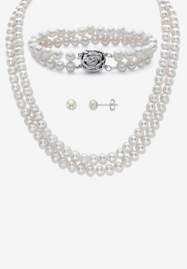 Pearl 3-Piece Earring, Double Strand Necklace And Bracelet Set In Sterling Silver 18\ - PalmBeach Jewelry - Click Image to Close