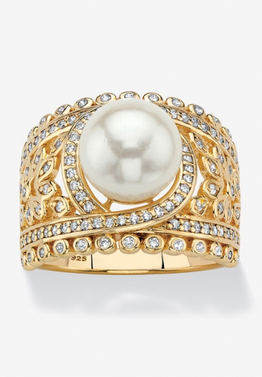 Gold over Sterling Silver Simulated Pearl and Cubic Zirconia Ring - PalmBeach Jewelry - Click Image to Close