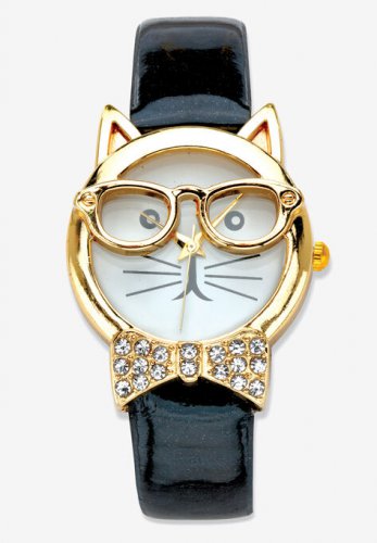 Gold Tone Bowtie Cat Watch with Adjustable Black Strap 8\ - PalmBeach Jewelry