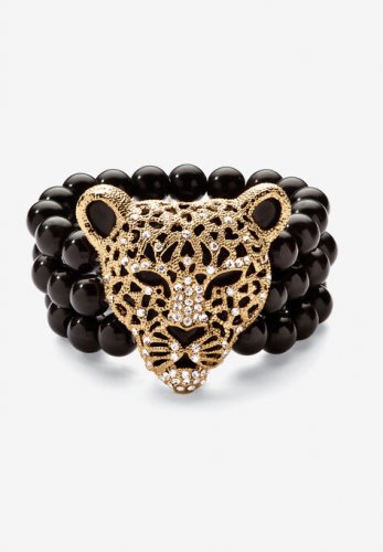 Goldtone Onyx Leopard Stretch Bracelet (42mm), Round Crystal, 8.5\ - PalmBeach Jewelry
