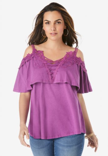 Lace-Trim Cold-Shoulder Top - Roaman's