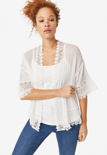 Sheer Lace Trim Kimono Cardigan - ellos