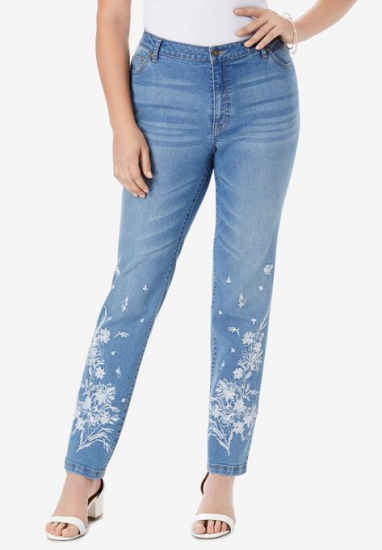 Floral Embroidered Straight-Leg Jean - Roaman's - Click Image to Close
