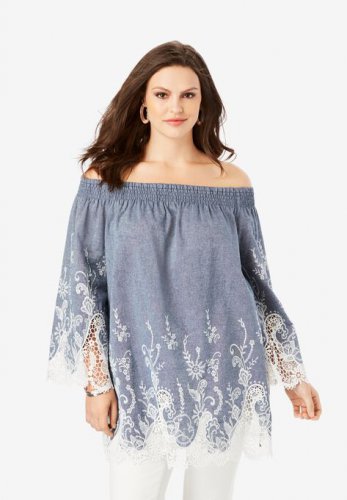 Off-The-Shoulder Chambray Tunic - Roaman's