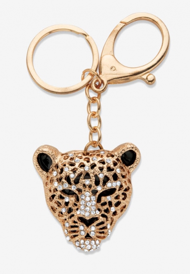 Goldtone and Enamel Round Crystal Leopard Cat Key Ring - PalmBeach Jewelry - Click Image to Close