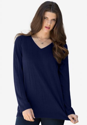 Fine Gauge Drop Needle V-Neck Sweater - Roaman's