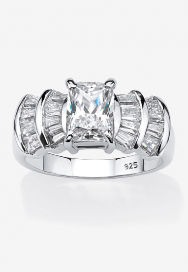 Platinum over Silver Emerald Cut Cubic Zirconia Step Top Engagement Ring (3 1/10 cttw TDW) - PalmBeach Jewelry - Click Image to Close
