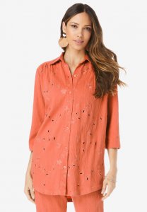 Eyelet Cutout Crinkle-Knit Gauze Big Shirt - Roaman's