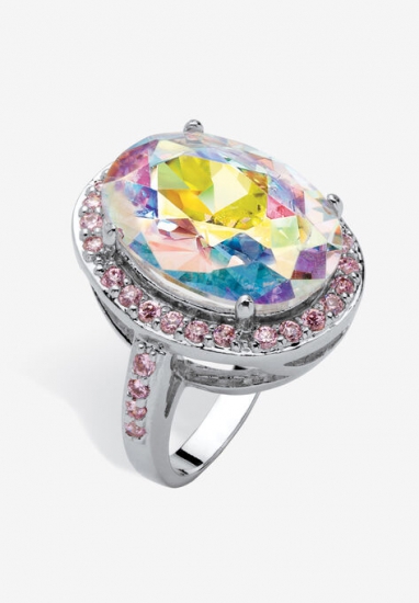 Silver Tone Aurora Borealis and Pink Halo Cocktail Ring - PalmBeach Jewelry - Click Image to Close