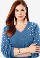 Embellished Pullover Sweater with Blouson Sleeves - Roaman's