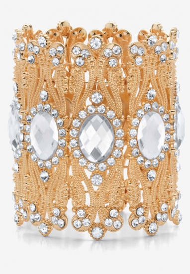 Goldtone Oval-Cut and Round Crystal Stretch Wide Cuff Bracelet - PalmBeach Jewelry - Click Image to Close