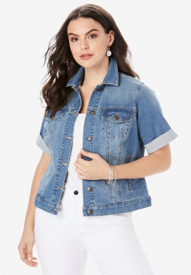 Short-Sleeve Denim Jacket - Roaman's - Click Image to Close