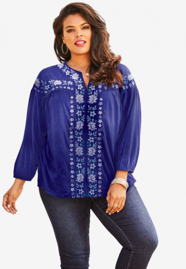 Embroidered Blouson Top - Roaman's - Click Image to Close