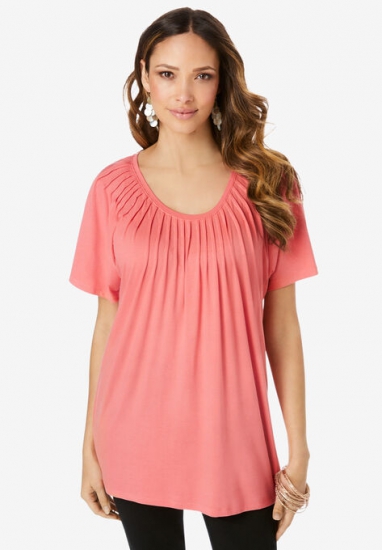 Pleated Flutter-Sleeve Ultra Femme Tee - Roaman's - Click Image to Close