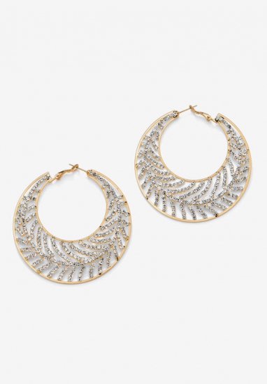Goldtone Round Crystal Leaf Hoop Earrings - PalmBeach Jewelry - Click Image to Close