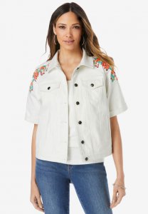 Short-Sleeve Embroidered Denim Jacket - Roaman's