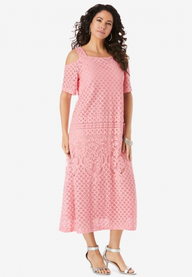 Cold-Shoulder Lace Dress - Roaman's - Click Image to Close