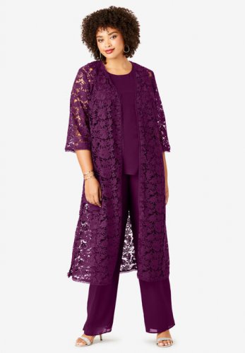 Three-Piece Lace Duster & Pant Set - Roaman's