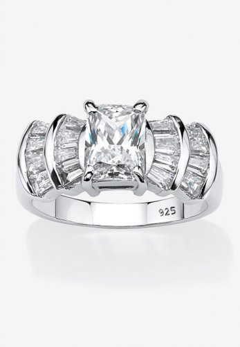 Platinum over Silver Emerald Cut Cubic Zirconia Step Top Engagement Ring (3 1/10 cttw TDW) - PalmBeach Jewelry