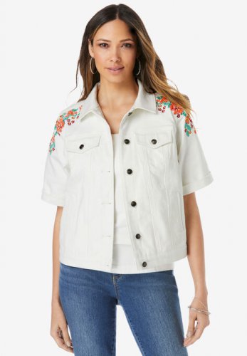 Short-Sleeve Embroidered Denim Jacket - Roaman's