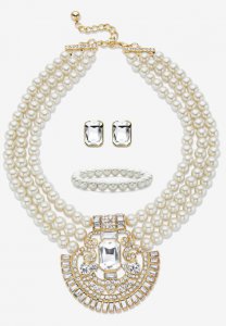 Gold Tone Simulated Pearl Bib 17\ - PalmBeach Jewelry