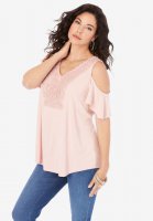 Lace-Trim Cold-Shoulder Tee - Roaman's