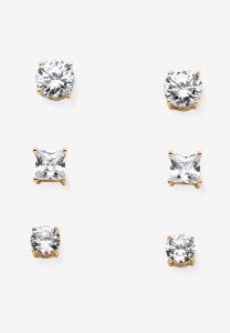 Gold Tone 3 Pair Stud Earrings (8x8mm) Cubic Zirconia - PalmBeach Jewelry