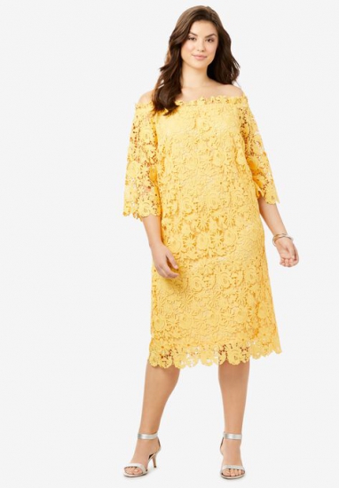 Off-The-Shoulder Lace Dress with Bell Sleeves - Roaman's - Click Image to Close