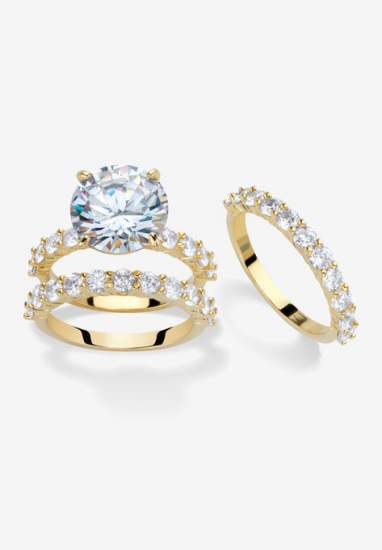 Gold Plated 3-Piece Cubic Zirconia Bridal Ring Set - PalmBeach Jewelry - Click Image to Close