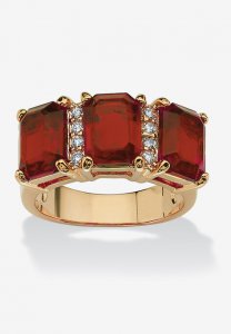 Yellow Gold-Plated Emerald Cut 3 -Stone Simulated Birthstone & CZ Ring - PalmBeach Jewelry