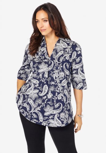 A-Line Poplin Shirt with Elbow Length Sleeves - Jessica London