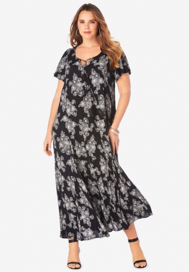 Crinkle Flare-Sleeve Maxi Dress - Roaman's - Click Image to Close