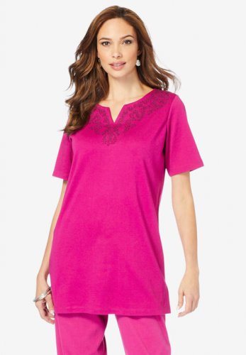 Embroidered Notch-Neck Soft Knit Tunic - Roaman's