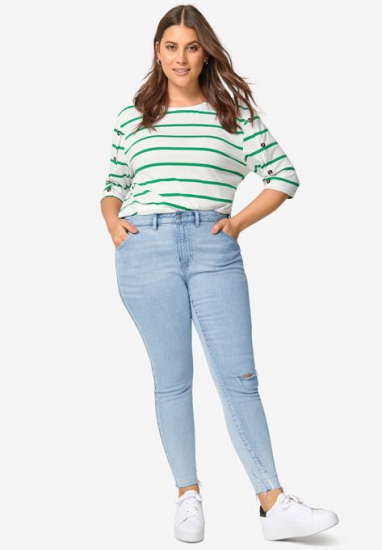 Striped Button Sleeve Tee - ellos - Click Image to Close