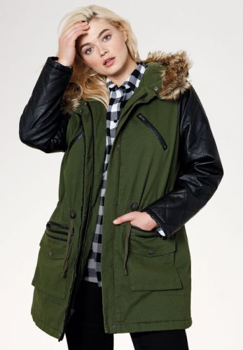 Quilted Faux Leather Sleeve Parka - ellos