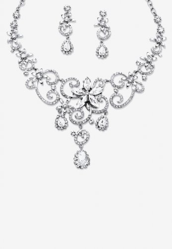 Silver Tone Swirl and Flower Bib Necklace and Bracelet Set, Crystal - PalmBeach Jewelry