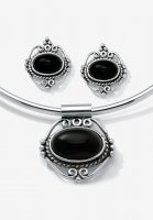 Silver Tone Antiqued Pendant Oval Shaped Black Onyx with 16 inch Chain - PalmBeach Jewelry