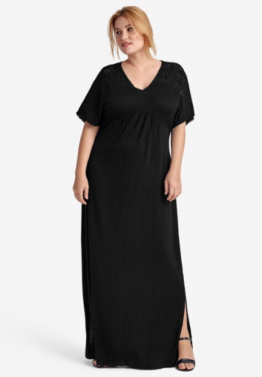 Eyelet Trim Knit Maxi Dress - ellos - Click Image to Close