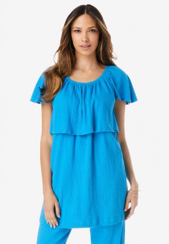 Flutter Sleeve Crinkle-Knit Gauze Tunic - Roaman's