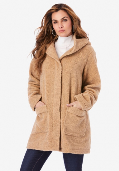 Hooded Textured Fleece Coat - Roaman's - Click Image to Close