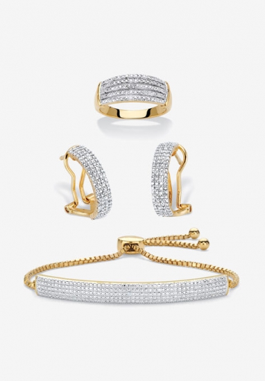 18K Gold-Plated Diamond Accent Demi Hoop Earrings, Ring and Adjustable Bolo Bracelet Set 9\ - PalmBeach Jewelry - Click Image to Close