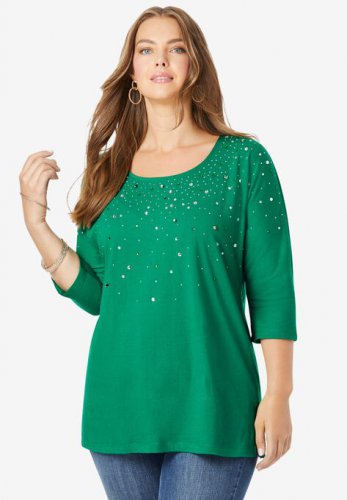 Three-Quarter Sleeve Embellished Tunic - Roaman's