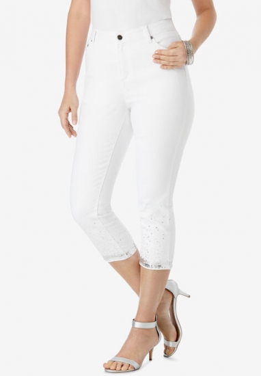 Sequin Trim Straight-Leg Capri Jean - Roaman's - Click Image to Close