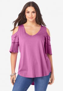 Ruffle-Sleeve Top with Cold Shoulder Detail - Roaman's