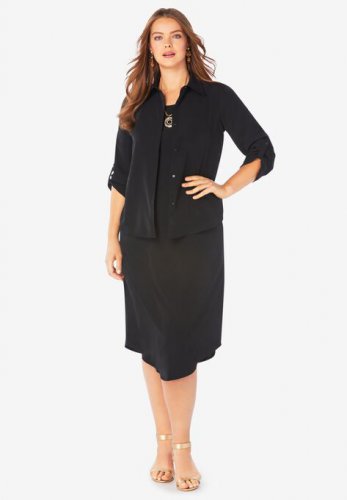 Three-Quarter Sleeve Jacket Dress Set with Button Front - Roaman's