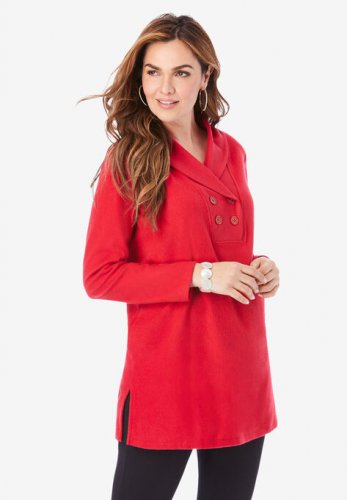 Double Button Sherpa Fleece Tunic - Roaman's