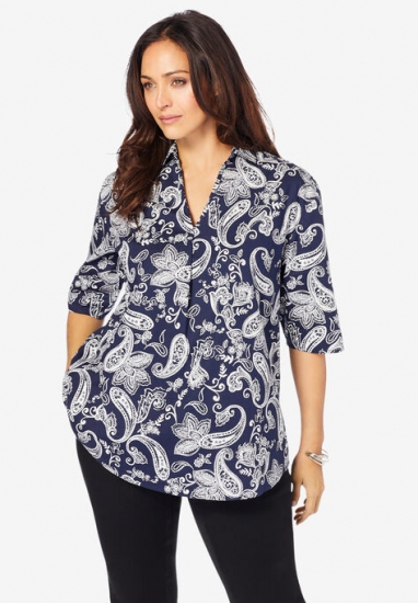 A-Line Poplin Shirt with Elbow Length Sleeves - Jessica London - Click Image to Close