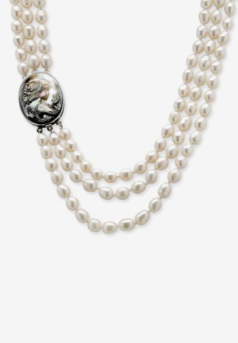 Silver Tone Multi Strand Cameo Necklace Cultured Freshwater Pearl 28\ - PalmBeach Jewelry